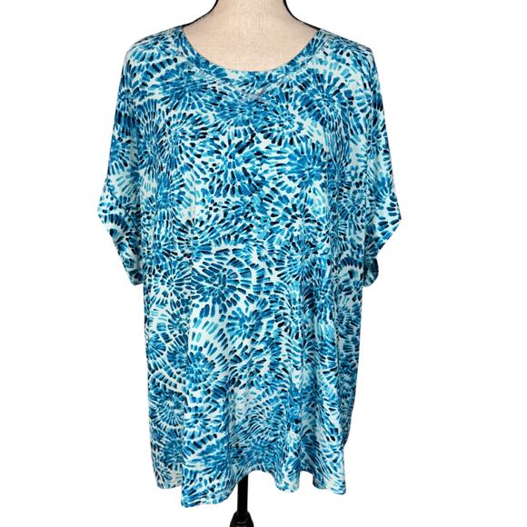 LIVI Lane Bryant Active SZ 26/28 Top Abstract Stretch Cap Sleeve Round Neck Blue - Picture 1 of 10